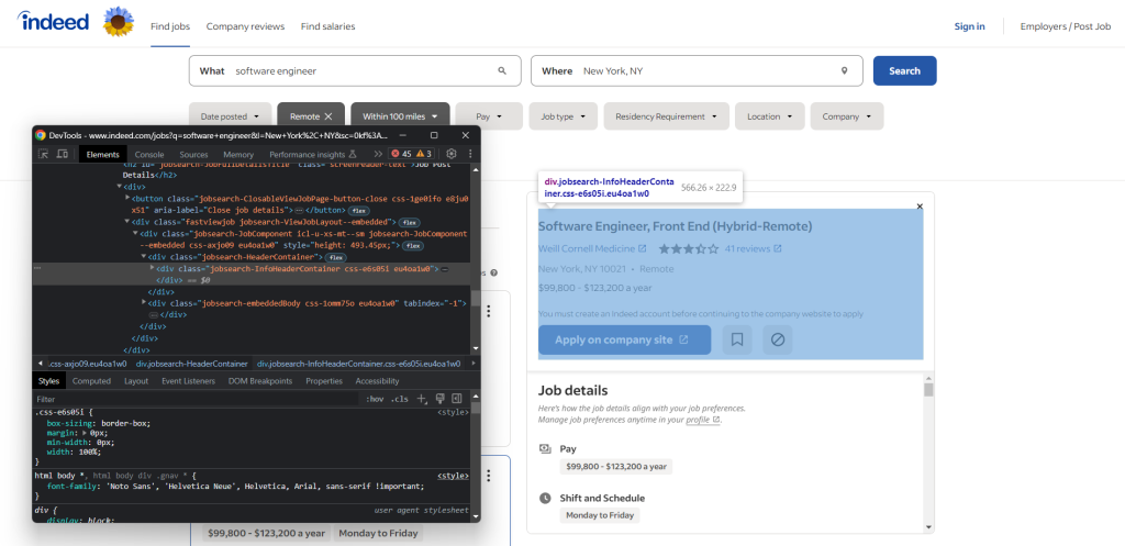 在浏览器中使用Inspect在Indeed求职页面截图
