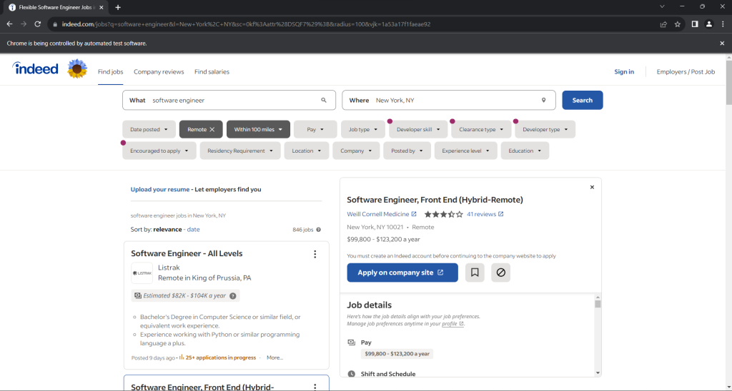 用于抓取Indeed纽约软件工程师职位列表的Selenium脚本