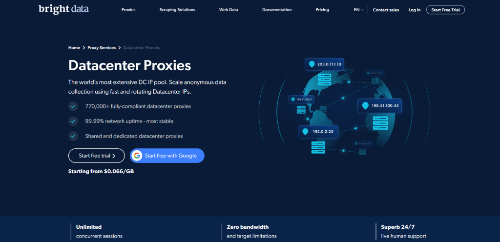 Bright Data网站上的数据中心代理页面