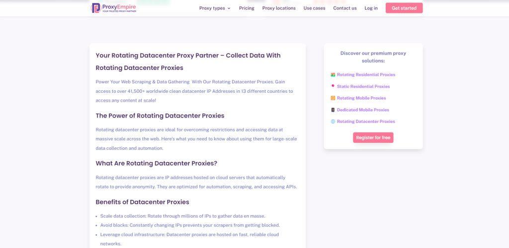 ProxyEmpire网站上的数据中心代理页面