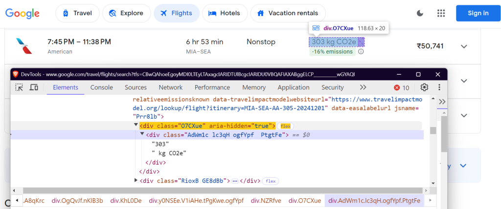 抓取 Google Flights 中的二氧化碳排放量 (CO₂e)