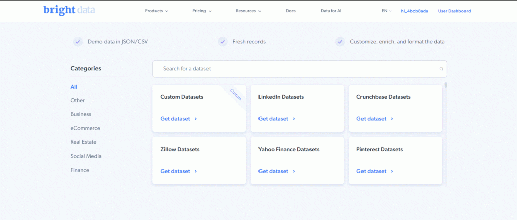 Bright Data 上可用的数据集