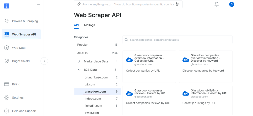 Bright Data 仪表板上的网页抓取器 API