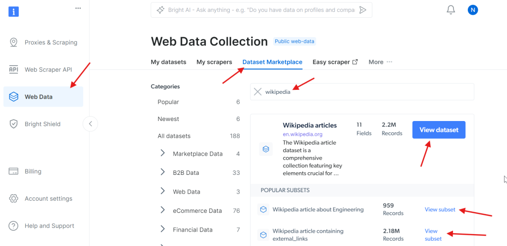 在 Bright Data 控制面板中搜索 Wikipedia 数据集