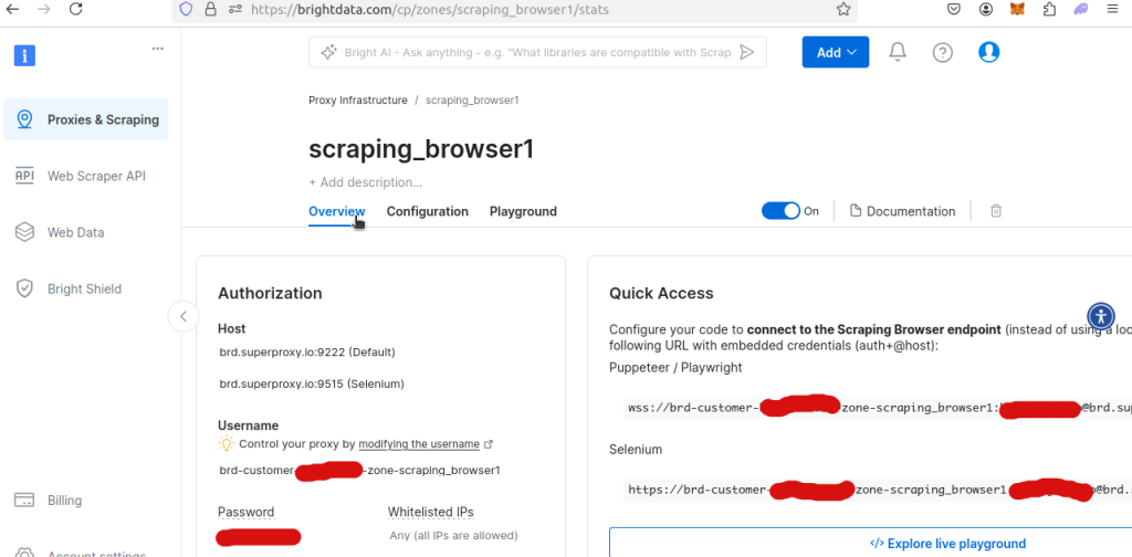 查看你新建的 Scraping Browser 区域的概览