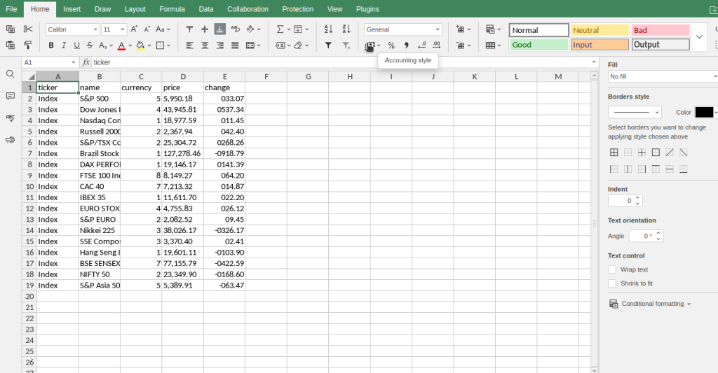 Indexes CSV