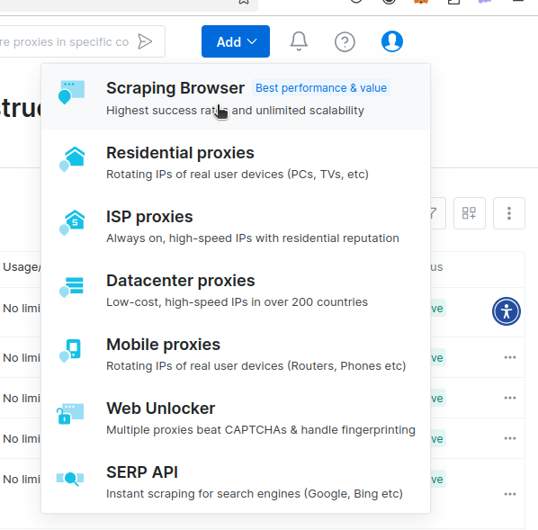 在下拉列表中选择"Scraping Browser"