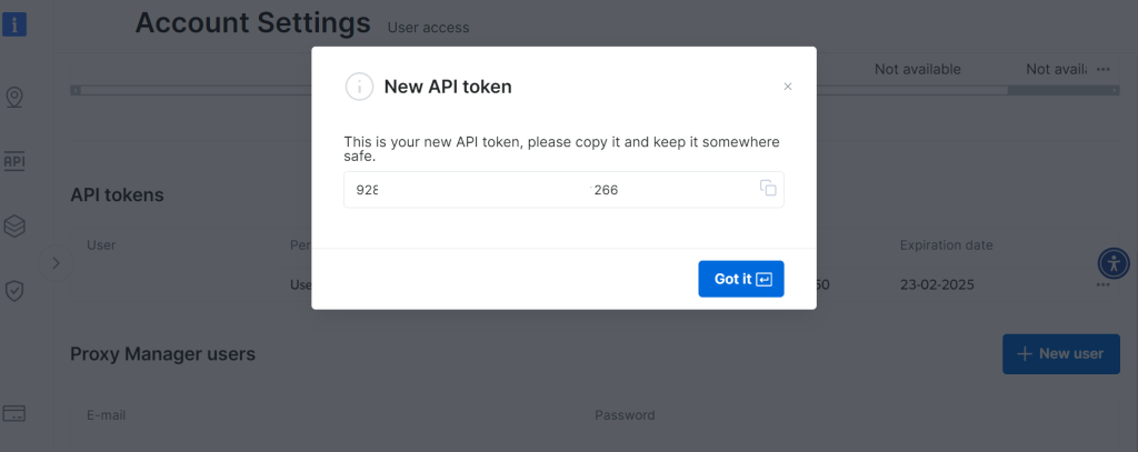 保存新生成的 API token