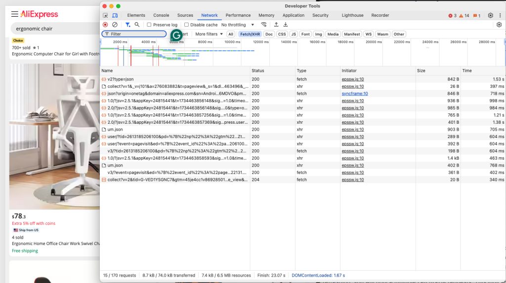 在开发者工具 Network 选项卡里查看 Fetch/XHR